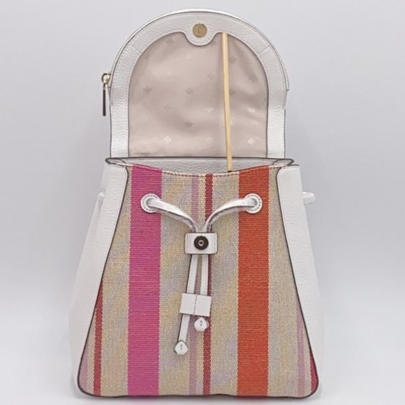 NWT Kate Spade1 - Leila Striped Canvas Pebble Leather Medium Flap Backpack8.4 - Picture 10 of 13
